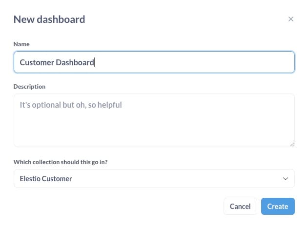 New dashboard window in metabase