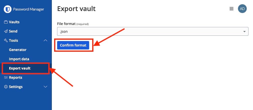 Exporting Bitwarden vault