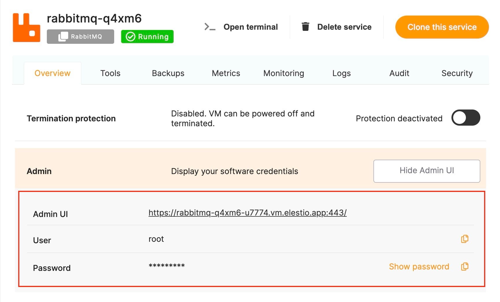 RabbitMQ service screen on Elestio