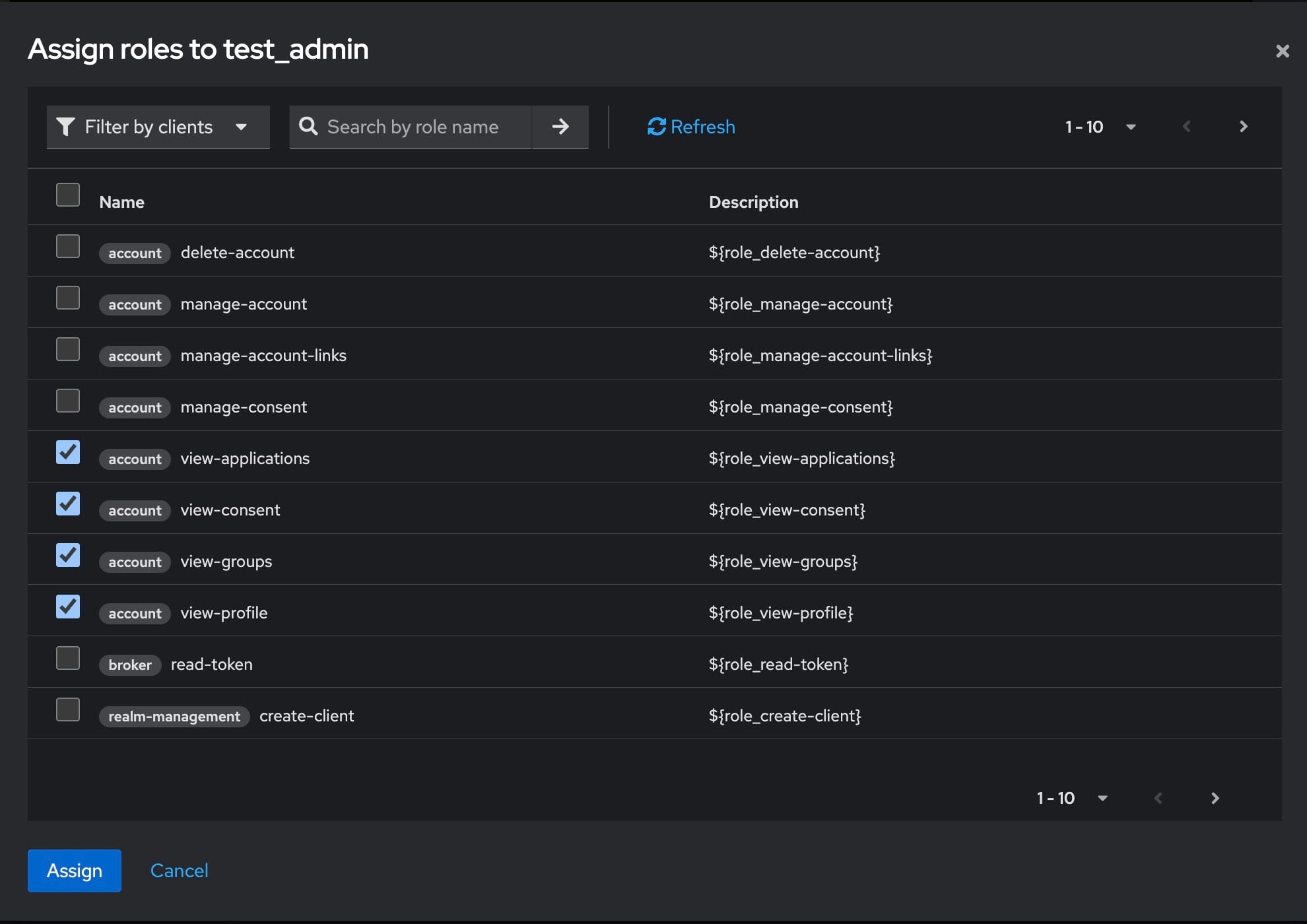 Assigning roles to clients in keycloak