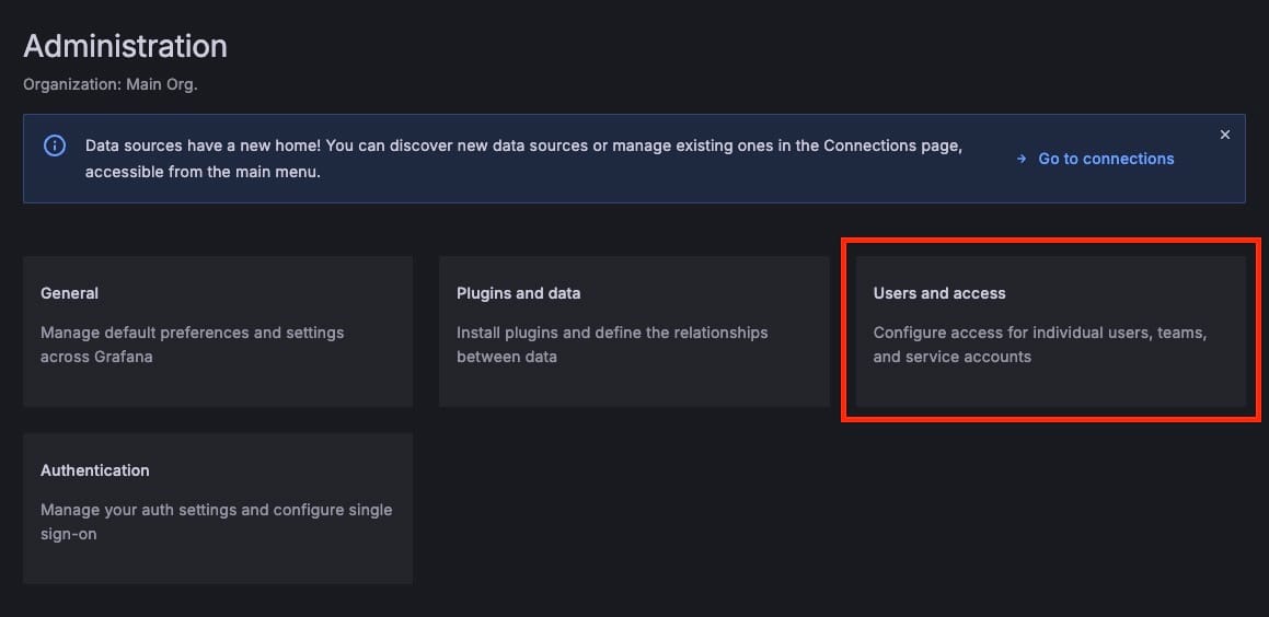 Administration screen in grafana