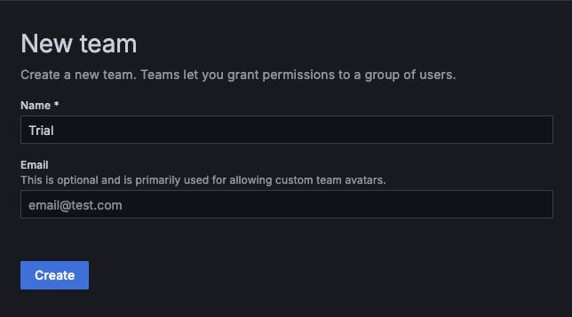 New team form in grafana