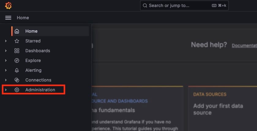 Administartion screen in grafana