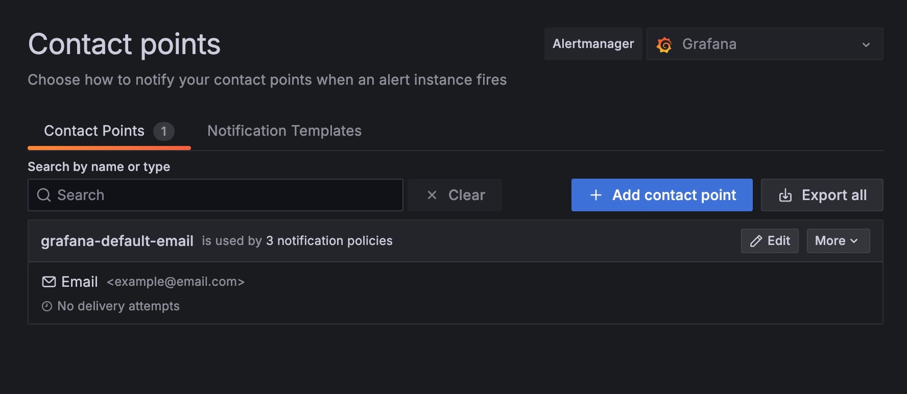 Contact points screen in grafana