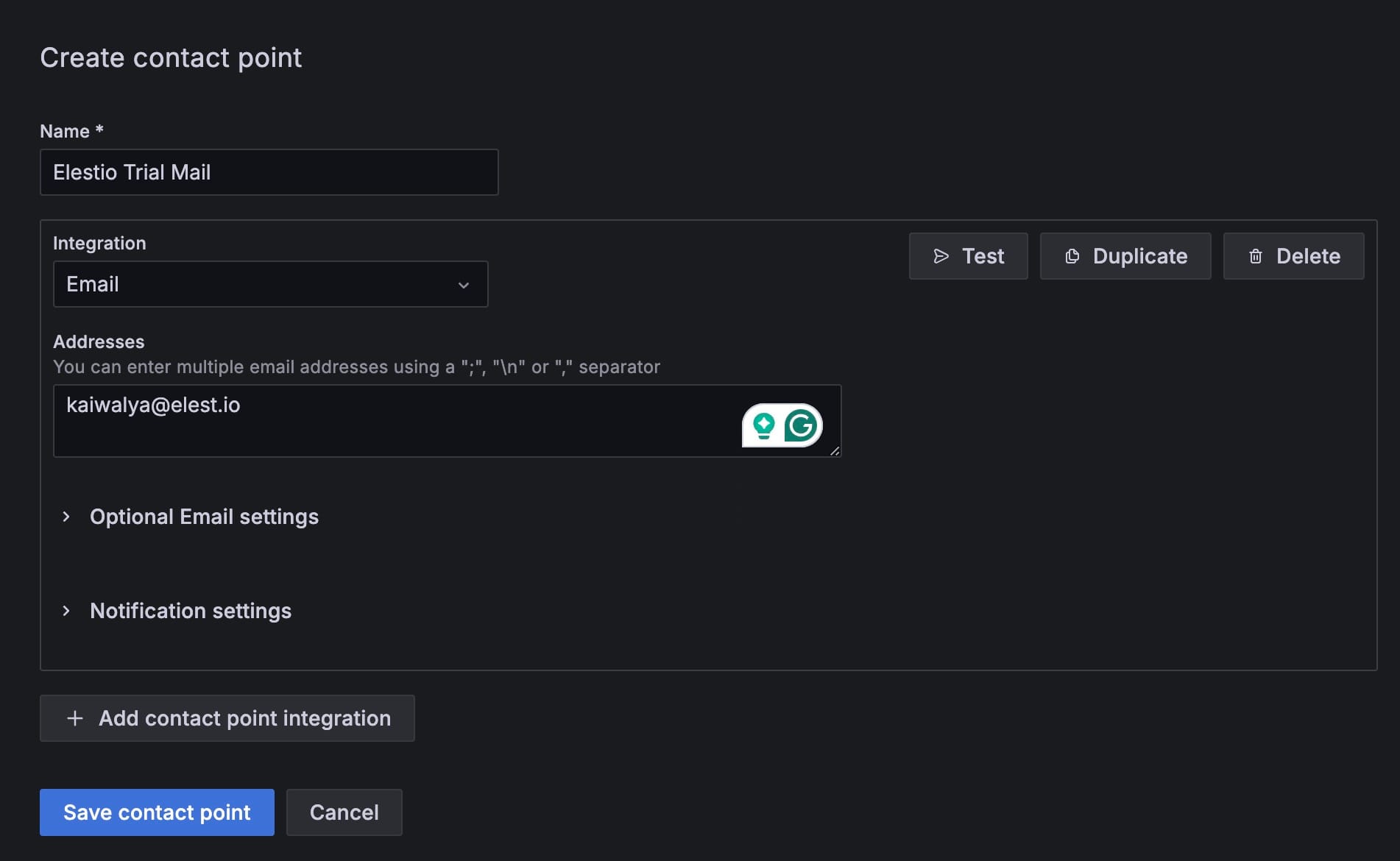 Creating email contact point in grafana