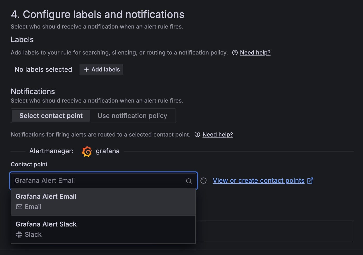 Configuring labes and notification in grafana