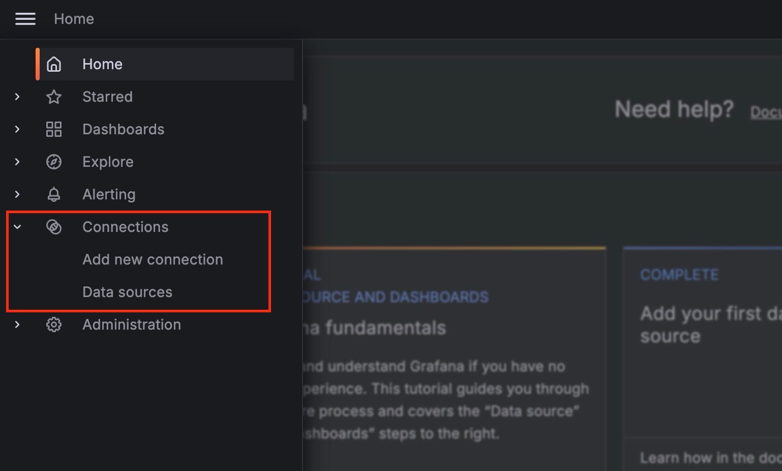 Connections section in grafana