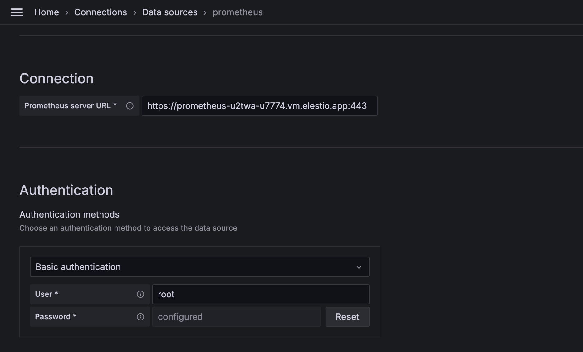 Connection configuration for prometheus in grafana