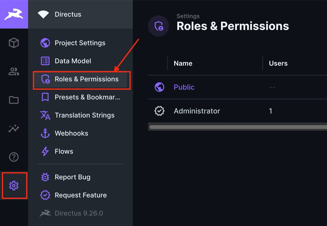 Roles and permissions window in Directus