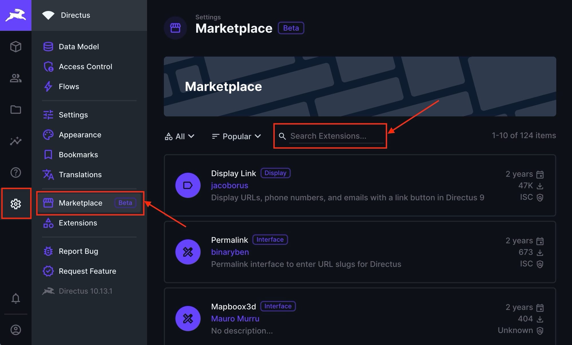 Directus marketplace option