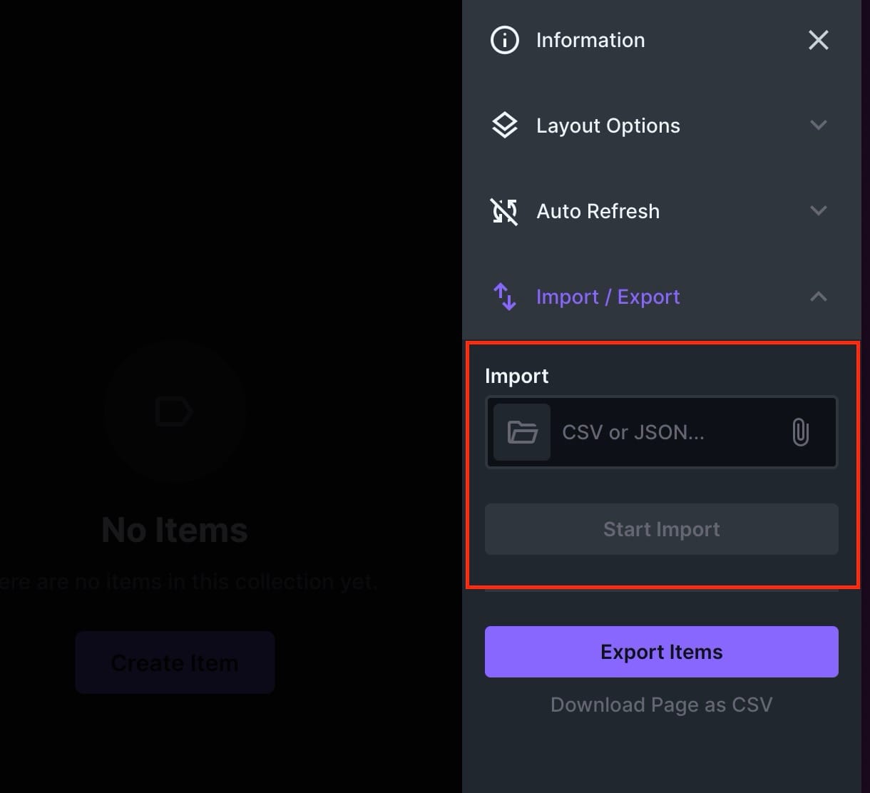 Importing data file option in Directus