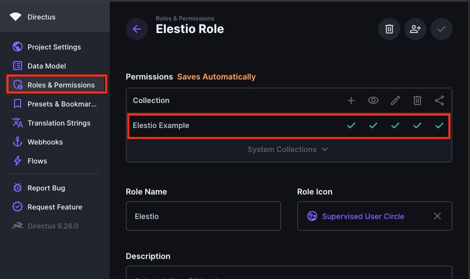 Elestio Roles and Permissions Window