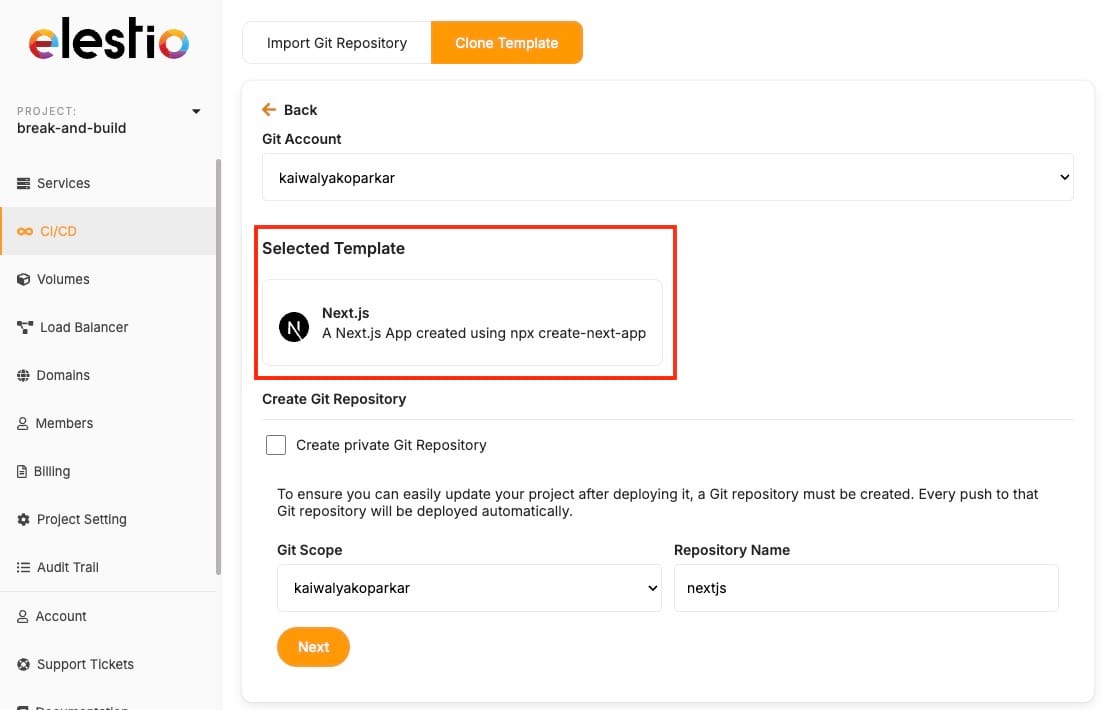 Selecting Next.js template in Elestio CI/CD