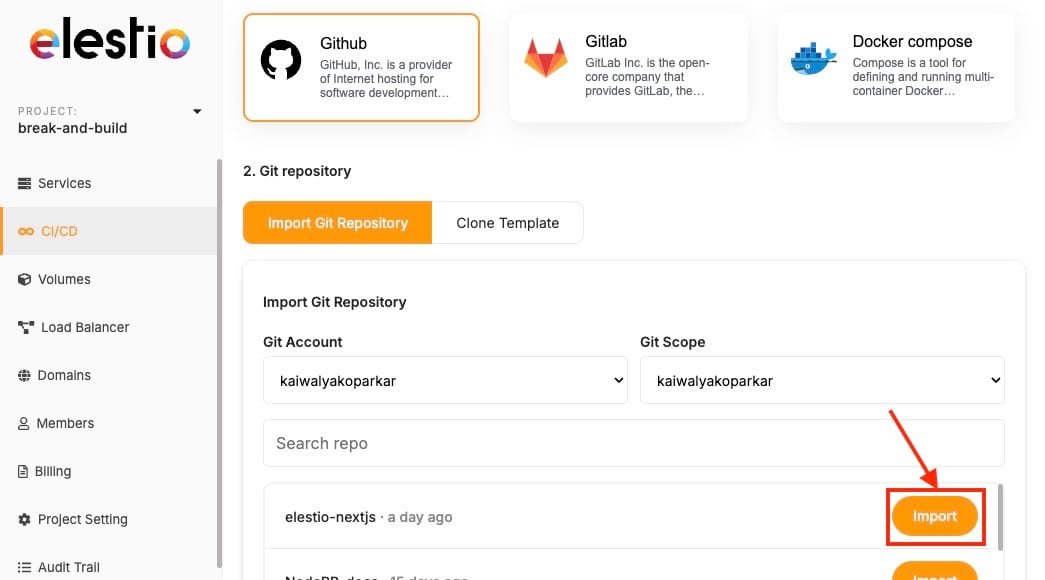 Import git repository in Elestio