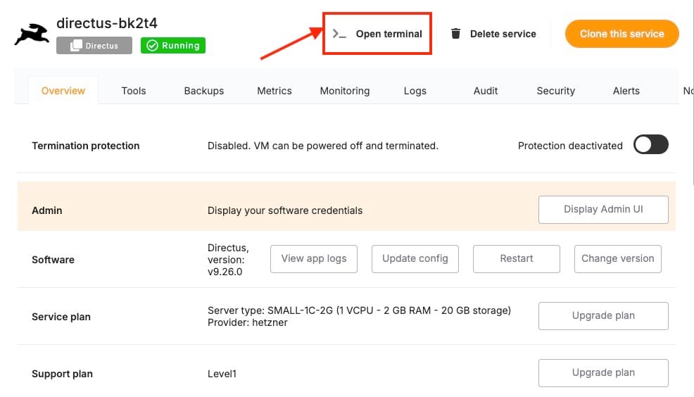 Accessing terminal of the deployed directus service