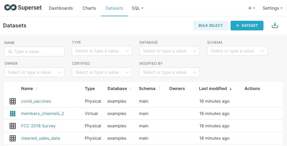 Datasets page in superset