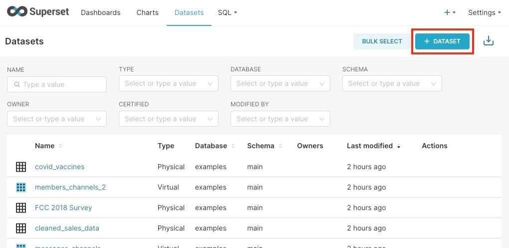 Adding databasets in superset