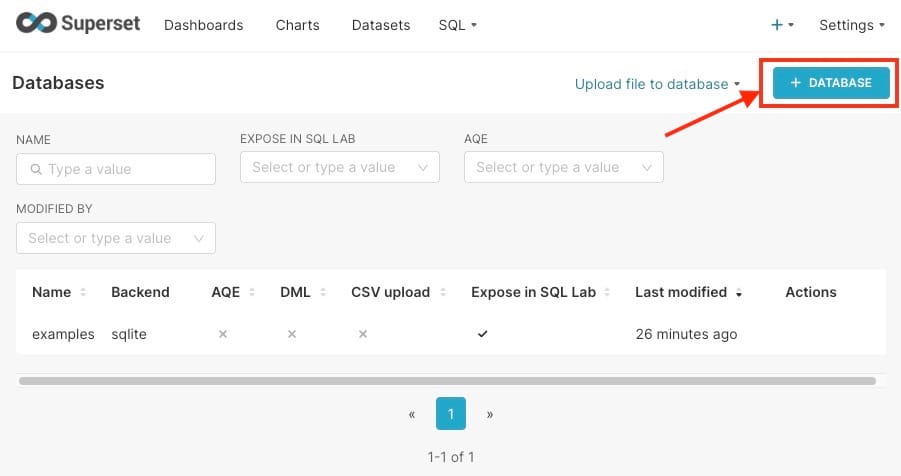 Databse button in superset