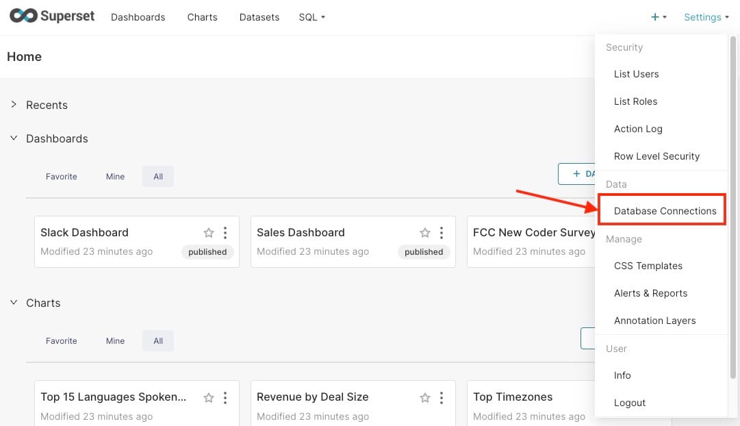 Database connection button in superset