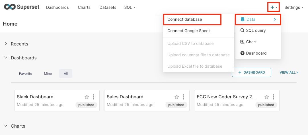 Quick connect database setting