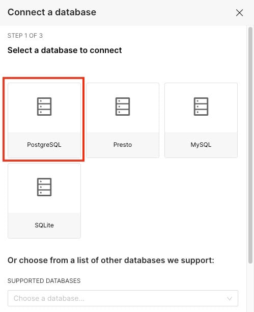 Selecting postgreSQL as database in supereset.