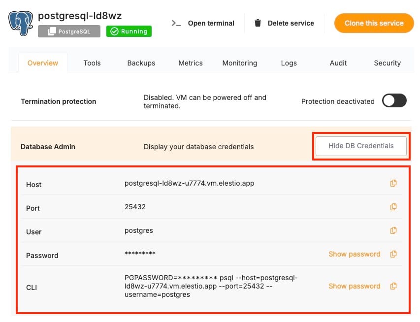 PostgreSQL database details in Elestio