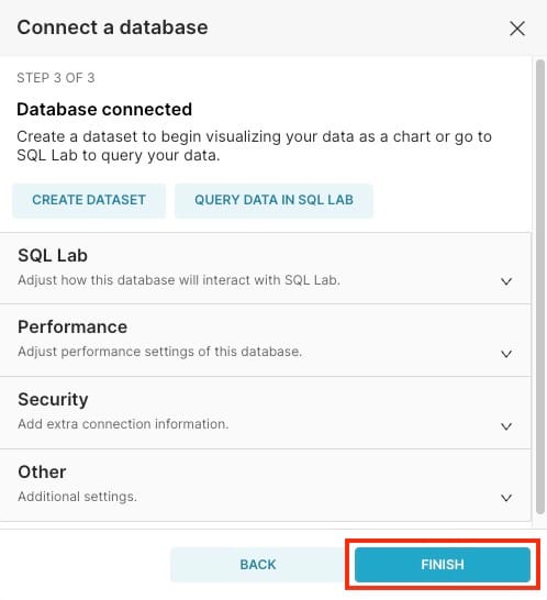 Last step of database connection in superset