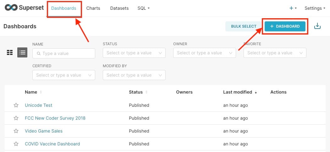 Creating dashboards in superset