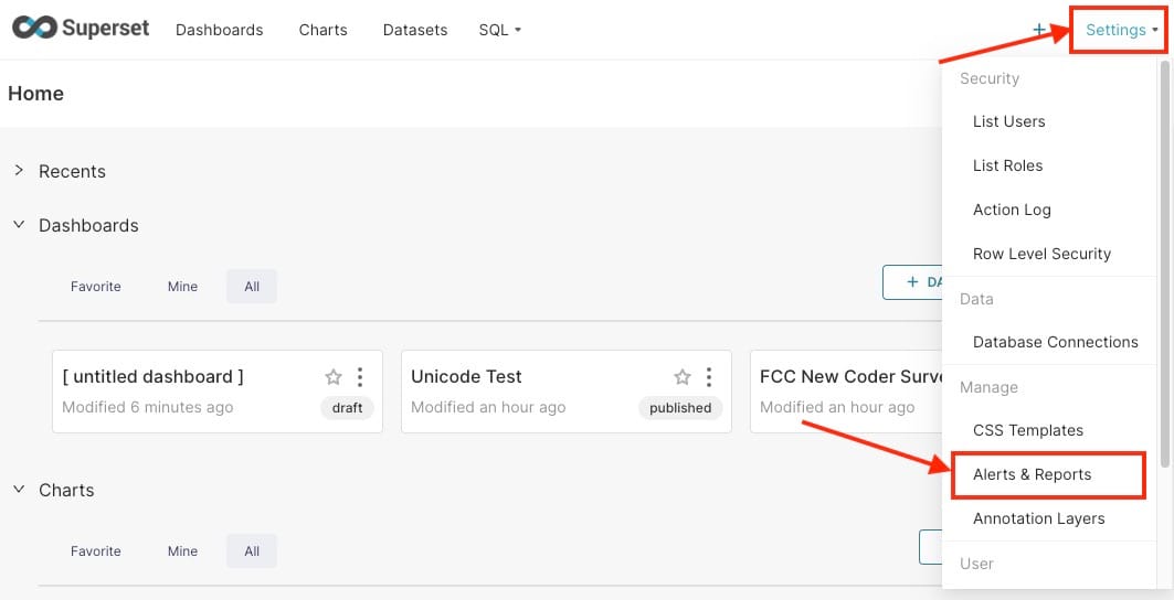 Alerts & Reports settings in superset