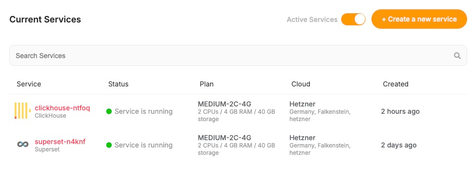 Deployed ClickHouse and Superset on Elestio