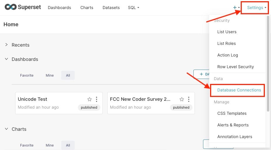 Database connection settings in superset