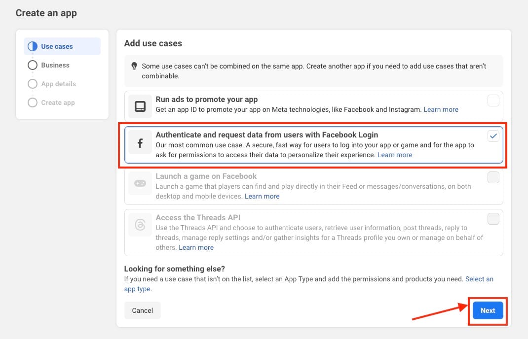 Authenticate user use case in facebook developer dashboard