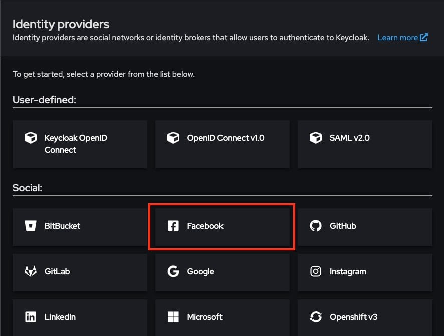 Selecting facebook as identity provider in keycloak