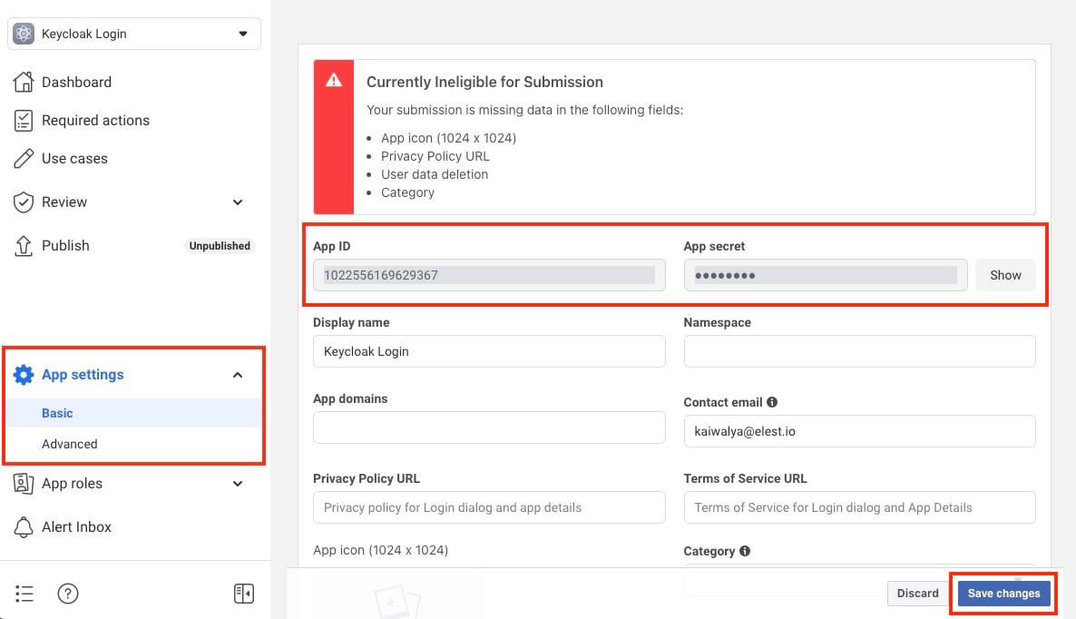 Accessing App Id and secrets in facebook developer portal