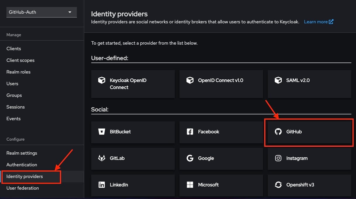 Selecting GitHub as Identity provider in keycloak