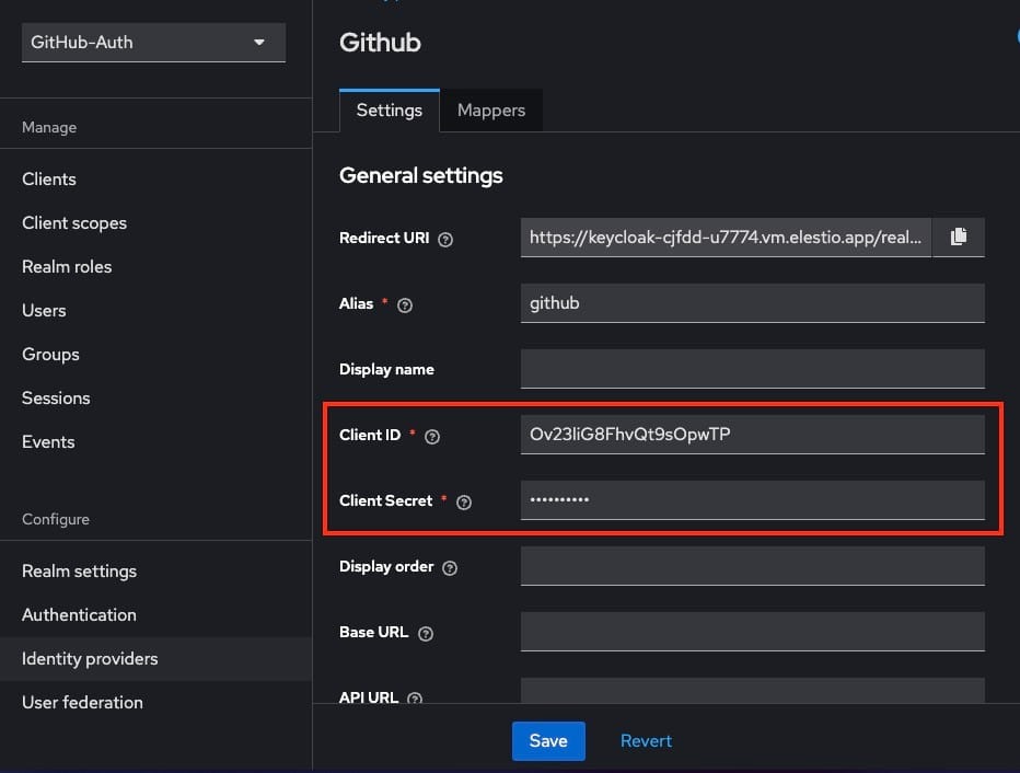 Adding Client Id and secret in Keycloak