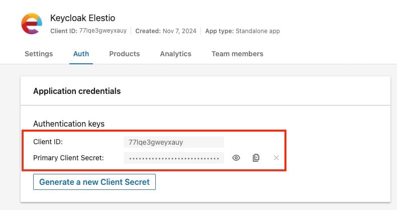 Copying authentication keys from linkedin developer portal