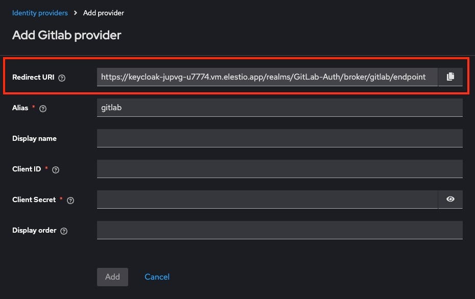 Copying the Redirect URI from Keycloak