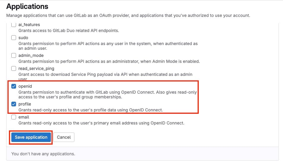 Selecting scopes and permission in GitLab App creation