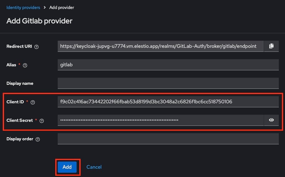 Entering client id and secret in Gitlab provider