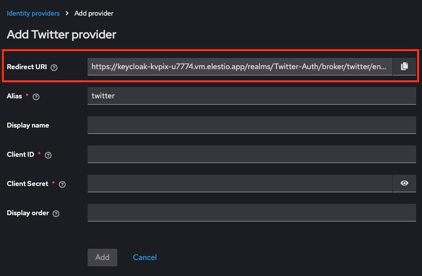 Copying Redirect URI in keycload configuration