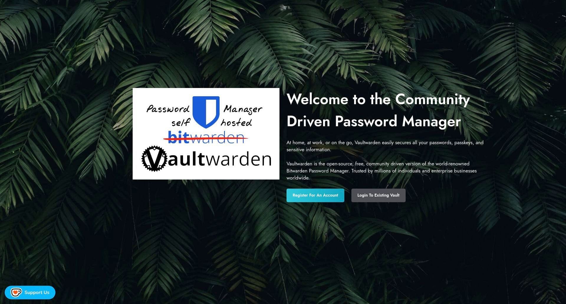 Vaultwarden landing page