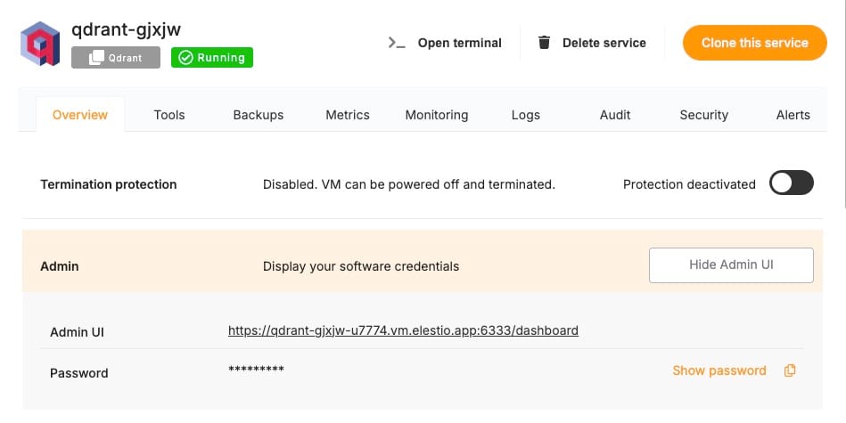 Qdrant on Elestio dashboard