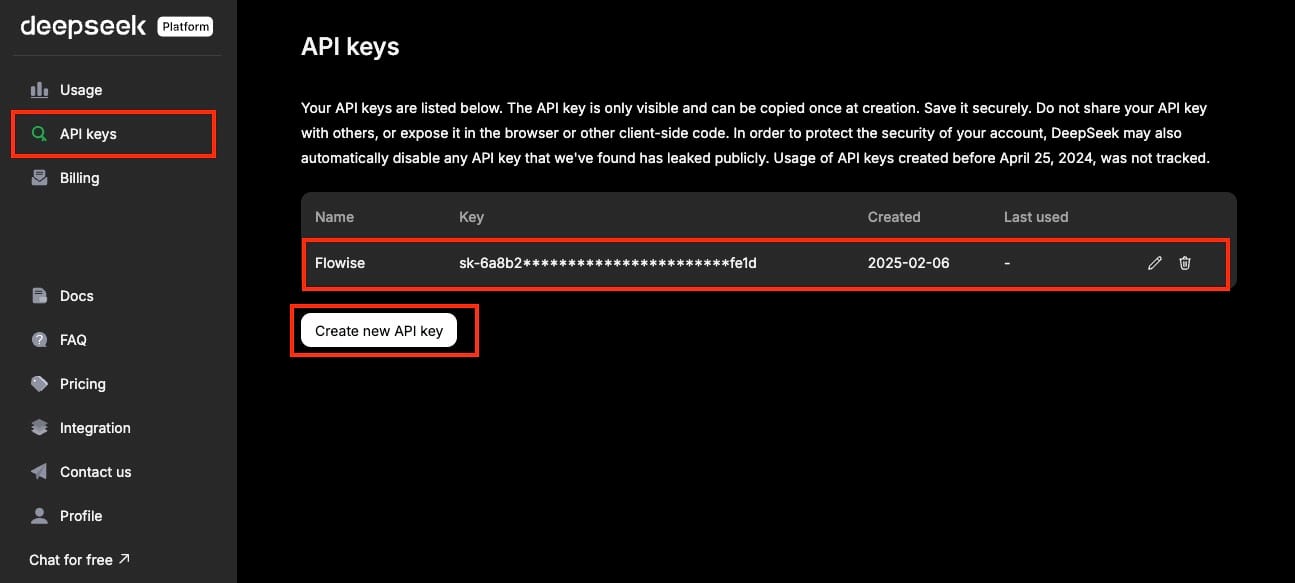 API Key generation on DeepSeek platform