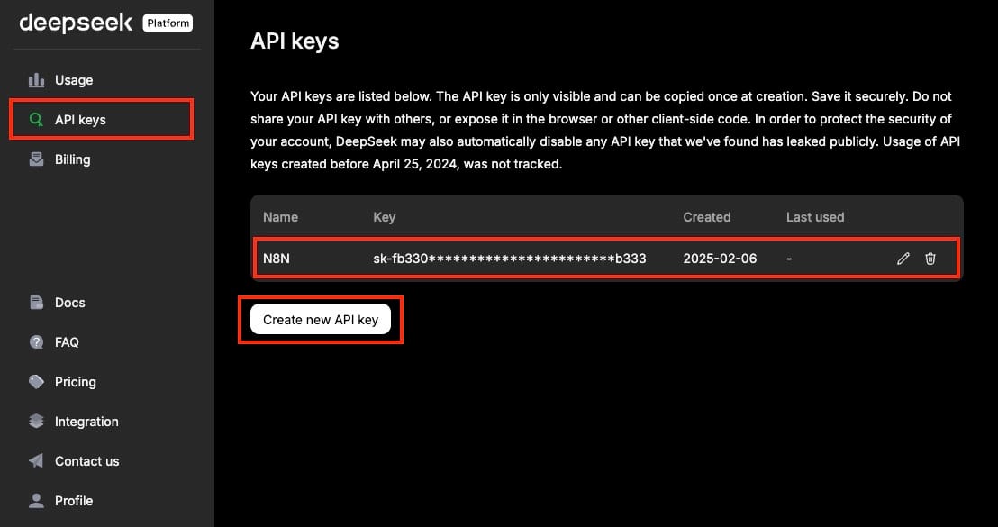 API Key generation on DeepSeek platform