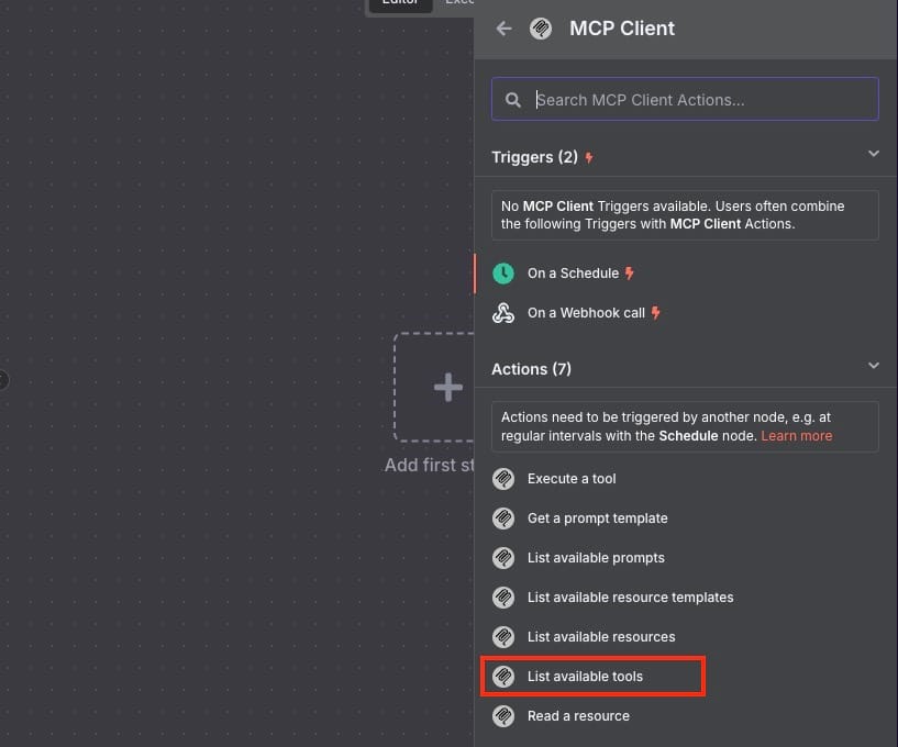 List available tools action in node