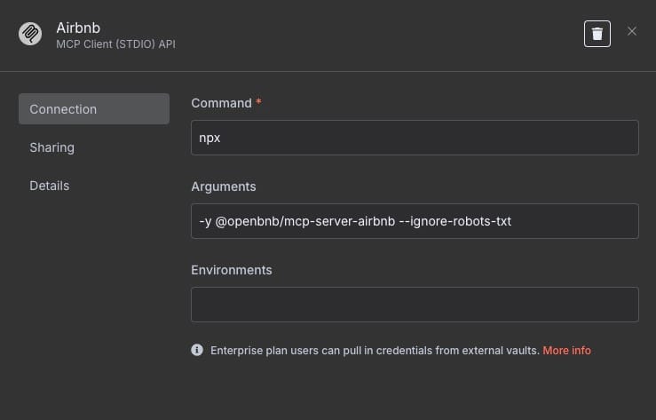 Command connection in MCP client