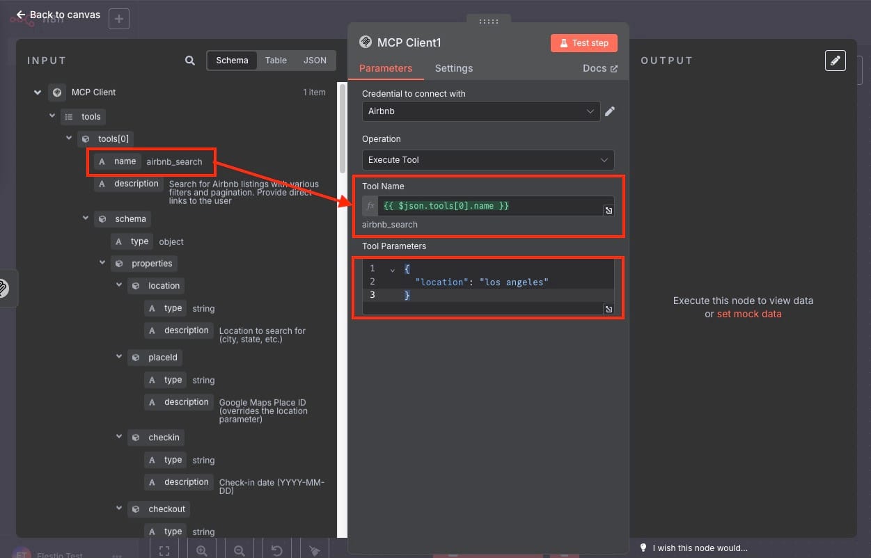 MCP Client node configuration for execute tool