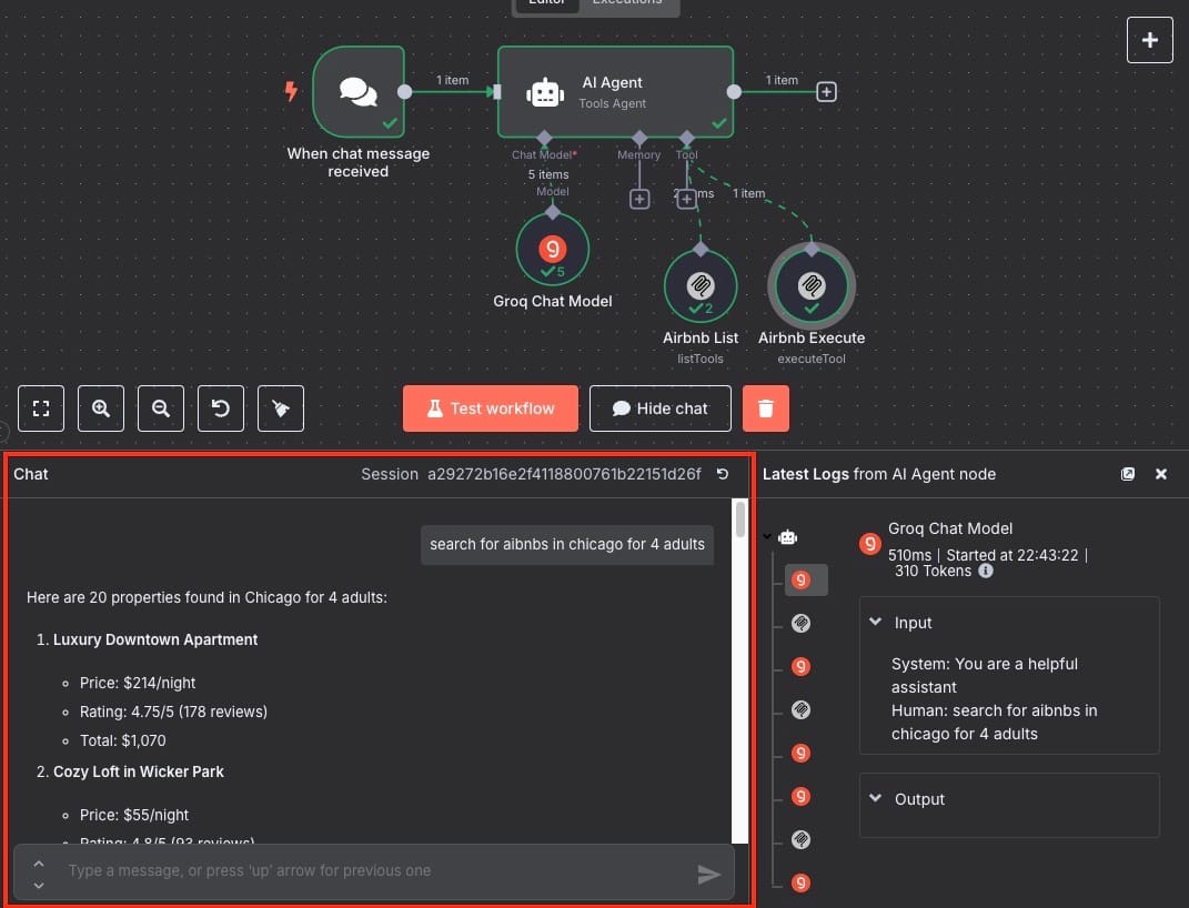 Chat example from AI Agent operation