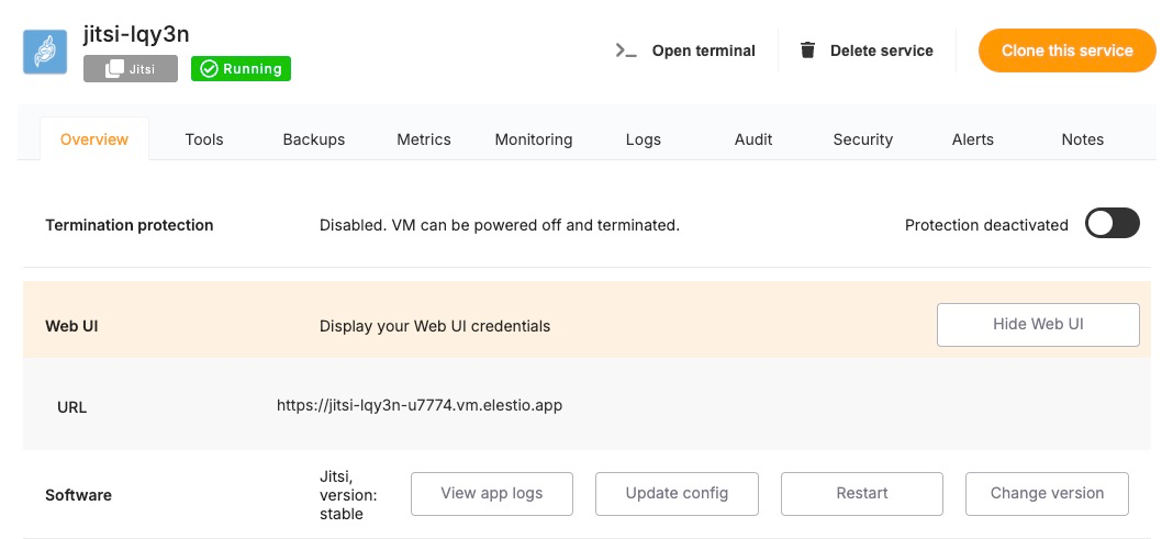 Accessing Jitsi Web UI in Elestio